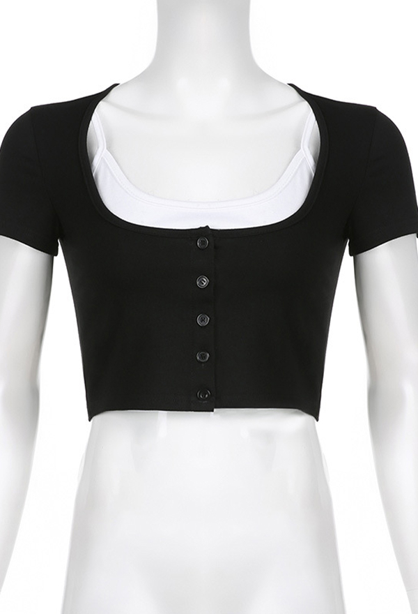 Gothic Square Neck Crop Top Slim Fit Fake Two-Piece Navel Top