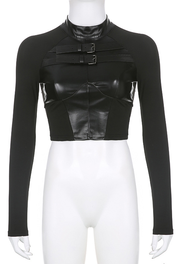 Gothic Punk Style PU Leather Patchwork Slim Top with Mental Buckle Black Buckle Top