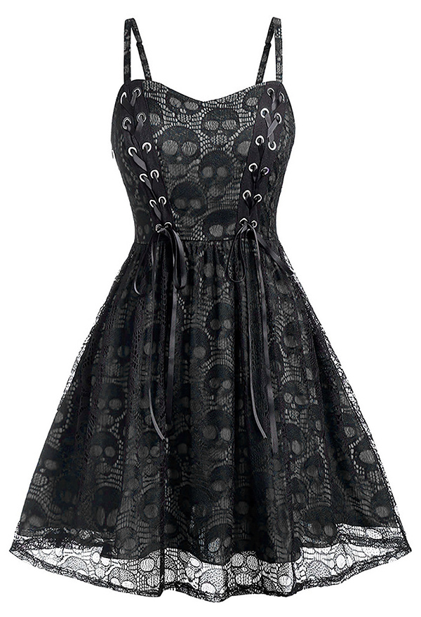 Gothic Lace-Up Camisole Dress with Skull Print Dark Style Punk Dress