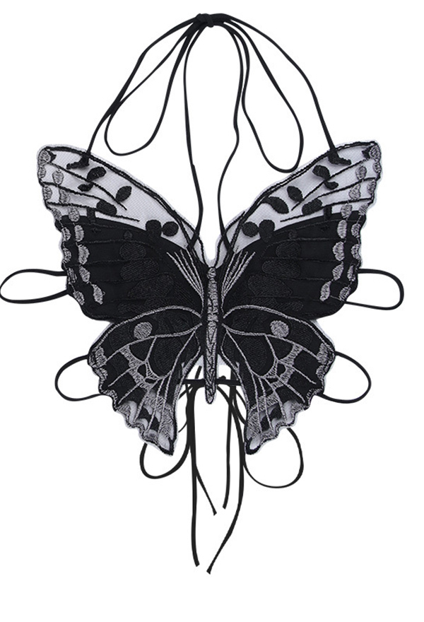 Gothic Unique Design Butterfly Shape Lace Halter Irregular Black Halter Cami
