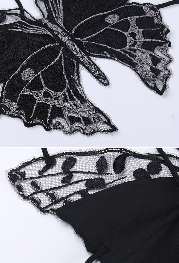 Gothic Unique Design Butterfly Shape Lace Halter Irregular Black Halter Cami