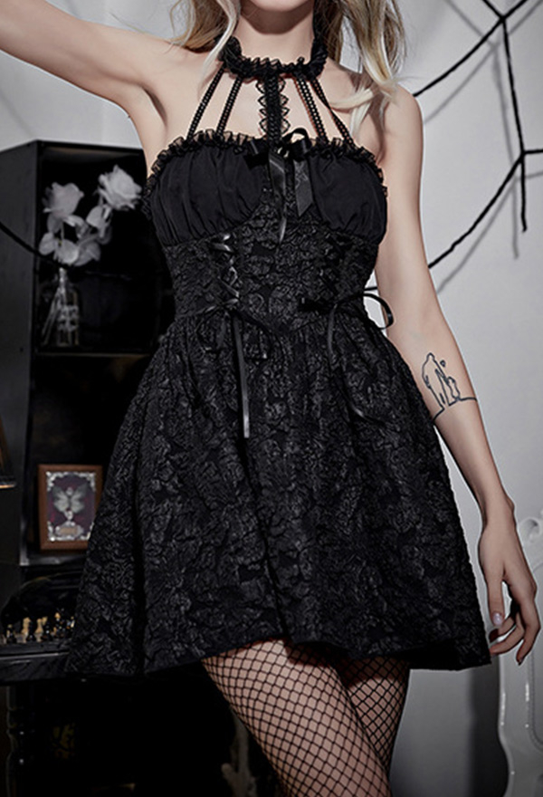 Gothic Unique Texture Backless Halter Dress Dark Style Slim Fit Mini Dress