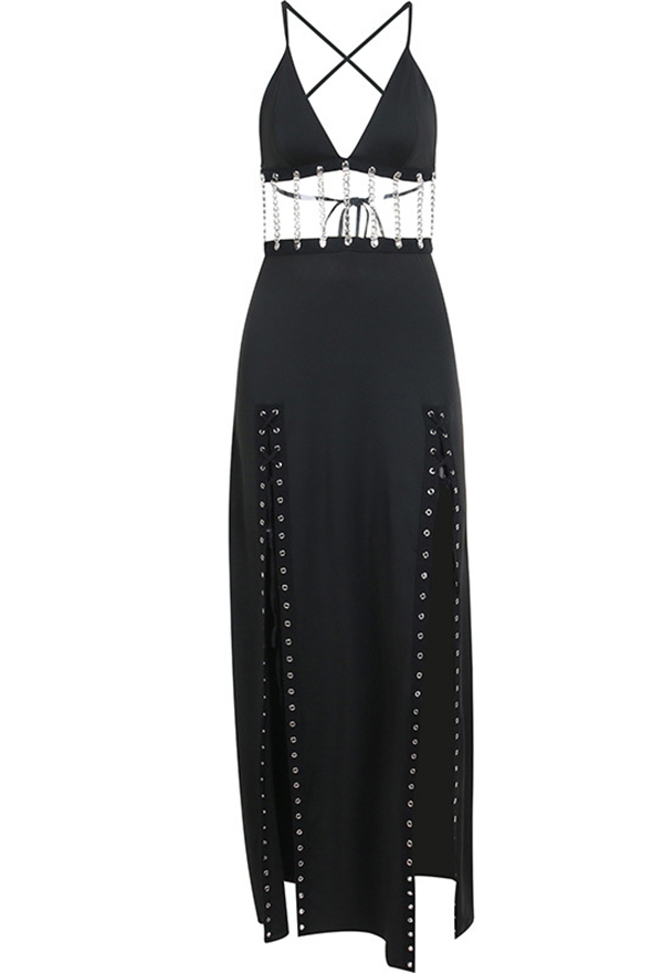 Gothic Split Design Camisole Dress Dark Style Hollow Strappy Dress