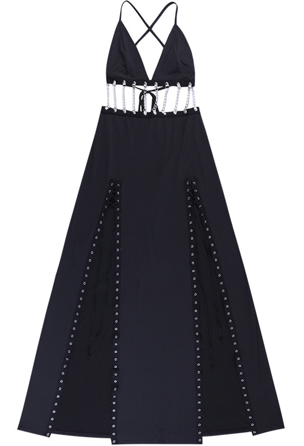 Gothic Split Design Camisole Dress Dark Style Hollow Strappy Dress