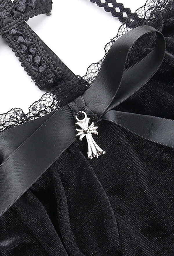 Gothic Halter Dress Black Velvet Short Backless Dress