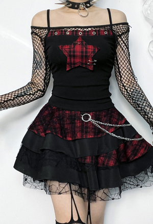 Gothic Style Camisole Top Black Red Slim Five-pointed Star Pattern Sling Vest