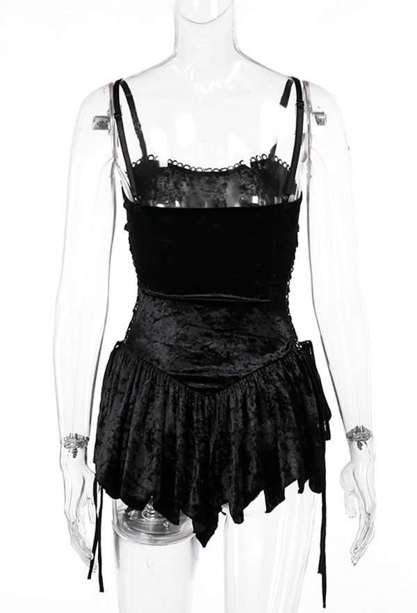 Black Gothic Velvet Strappy Dress with Hollowed Waist Lace-up Short Dress