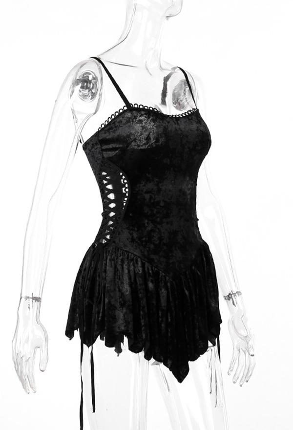 Black Gothic Velvet Strappy Dress with Hollowed Waist Lace-up Short Dress