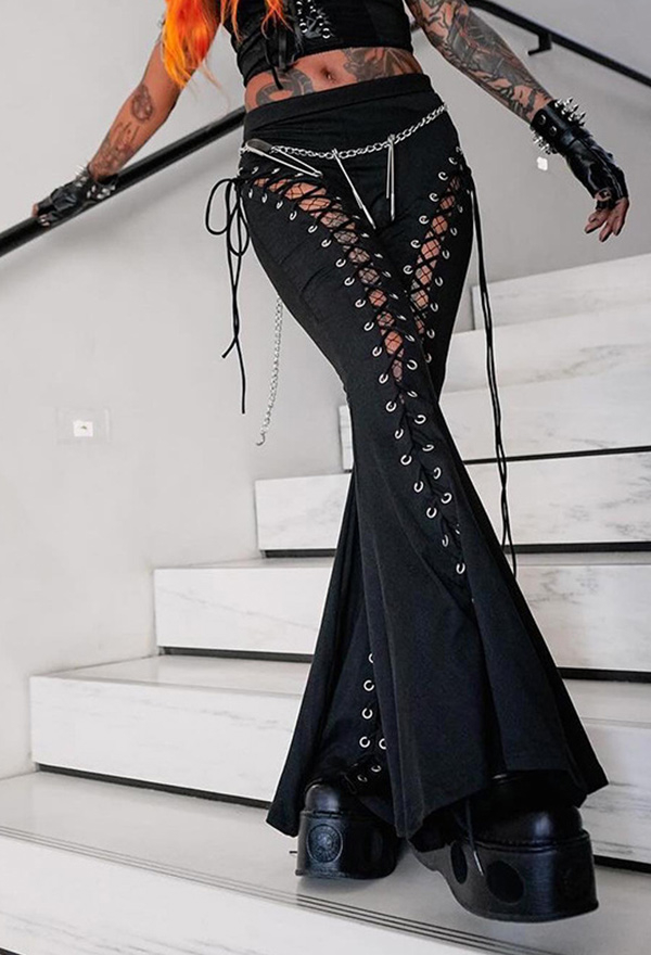 Black Gothic Style Flare Pants with Hollow-out Bandage Long Pants