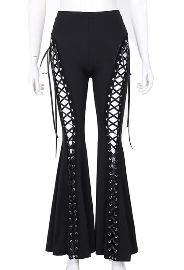 Black Gothic Style Flare Pants with Hollow-out Bandage Long Pants