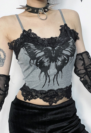 Gothic Style Top Black Grey Skull Butterfly Print Camisole Lace Trim Tank Top