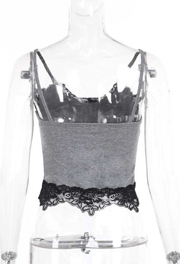 Gothic Style Top Black Grey Skull Butterfly Print Camisole Lace Trim Tank Top