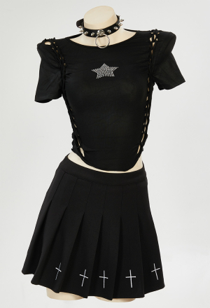 Gothic Style Black Short-Sleeve Shirt Top Hollow Rhinestone Pentagram Pattern T-Shirt