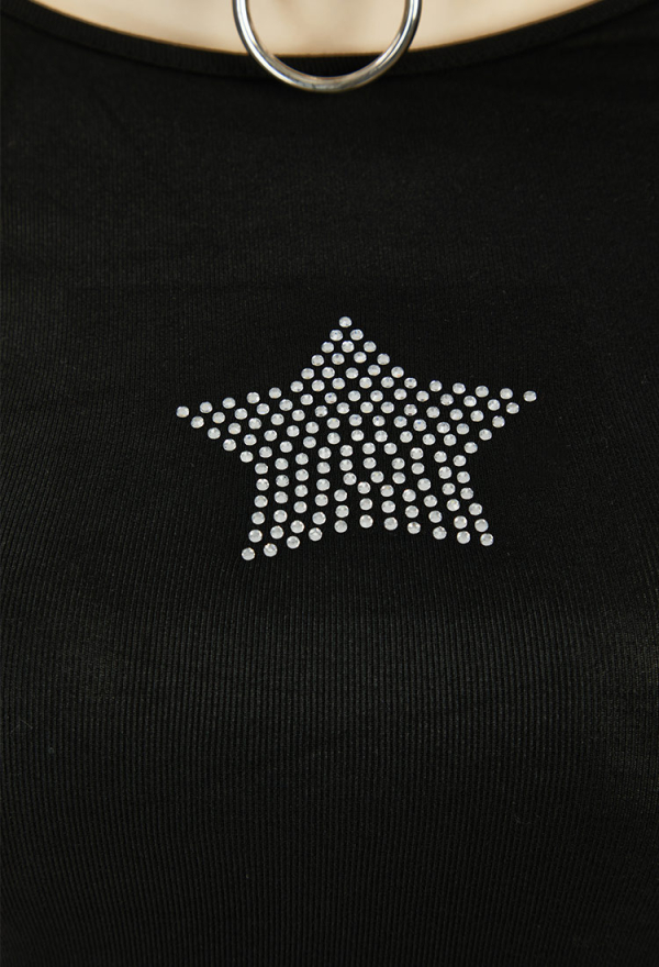 Gothic Style Black Short-Sleeve Shirt Top Hollow Rhinestone Pentagram Pattern T-Shirt