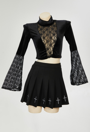 Gothic Style Crop Top Black Lace Patchwork Long Sleeves See-Through Top