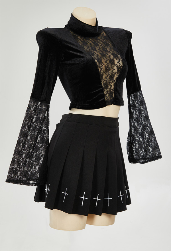 Gothic Style Crop Top Black Lace Patchwork Long Sleeves See-Through Top