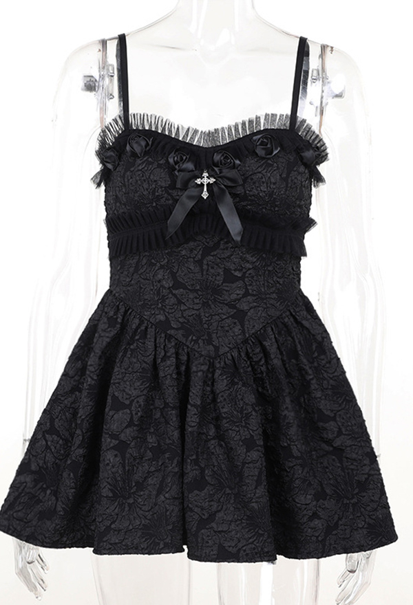 Dark Gothic Cami Dress Black Slim Fit High Waist Rose Lace Bow Decor Short Dress