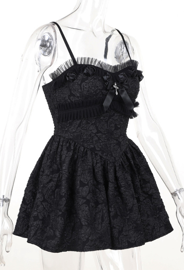 Dark Gothic Cami Dress Black Slim Fit High Waist Rose Lace Bow Decor Short Dress
