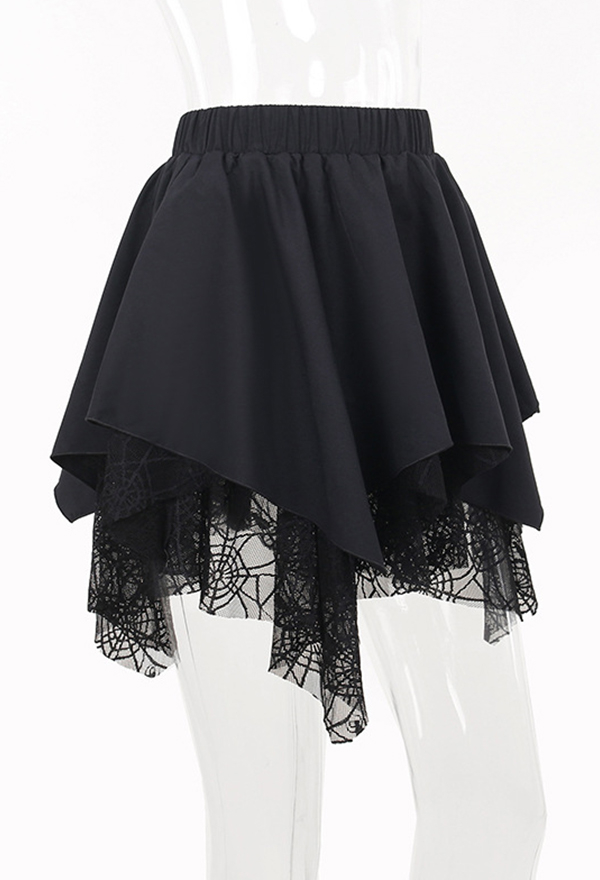 Gothic Spider Web Half Skirt Black Irregular Hem Short Skirt