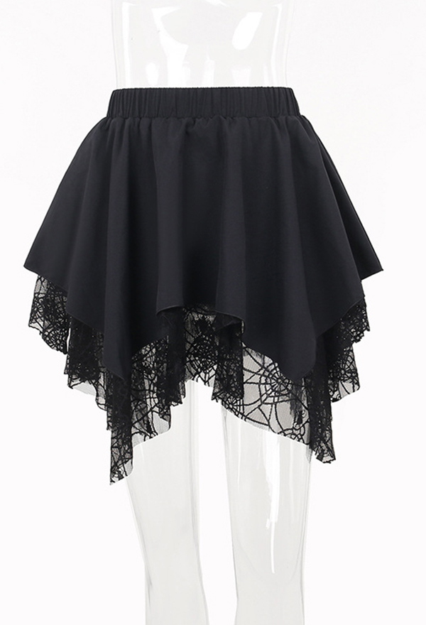 Gothic Spider Web Half Skirt Black Irregular Hem Short Skirt