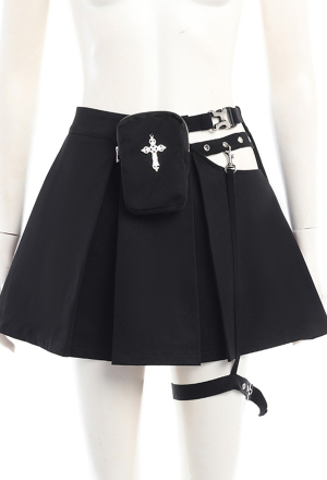 Gothic Skirt Black Hollow Cross Decor Short Pleated Skirt