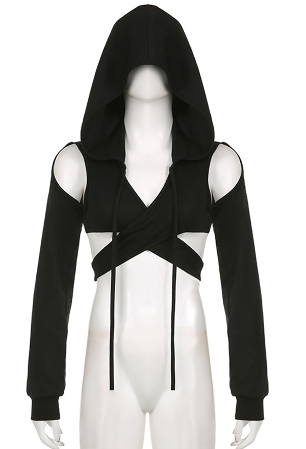 Gothic Dark Wasteland Style Short Top Black Off-Shoulder Crisscross Long Sleeve Hooded Top