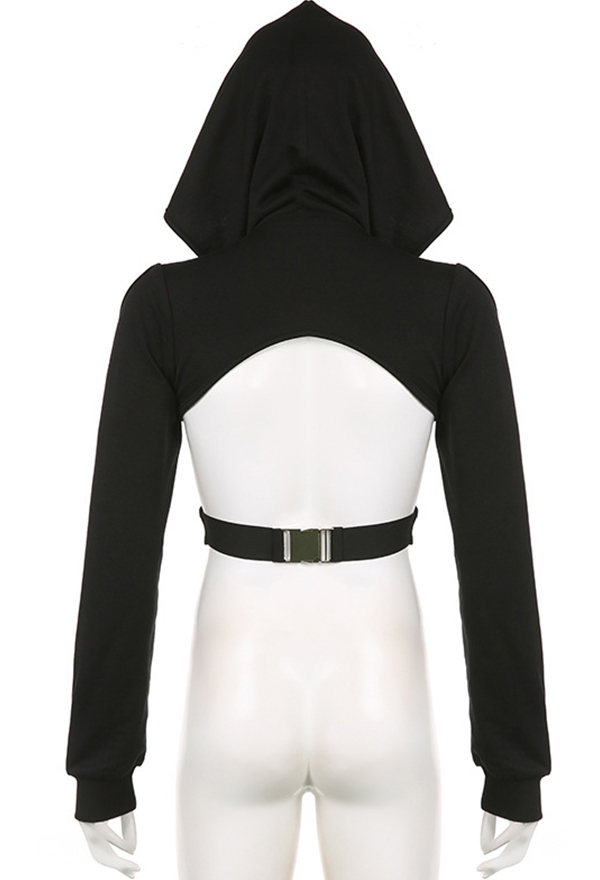 Gothic Dark Wasteland Style Short Top Black Off-Shoulder Crisscross Long Sleeve Hooded Top