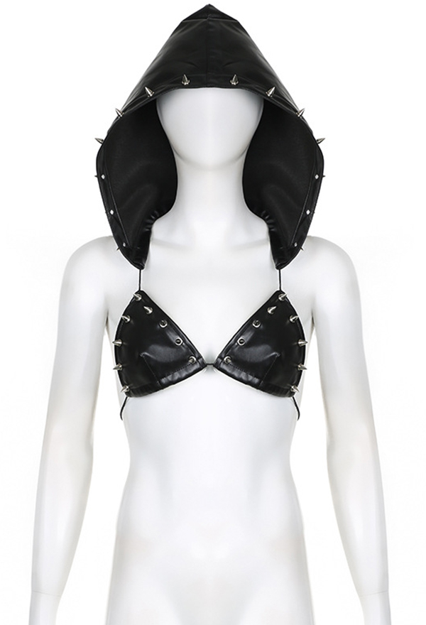 Dark Gothic Triangle Cup Hooded Top Sexy Black Punk Rivet Leather Backless Strappy Bralette