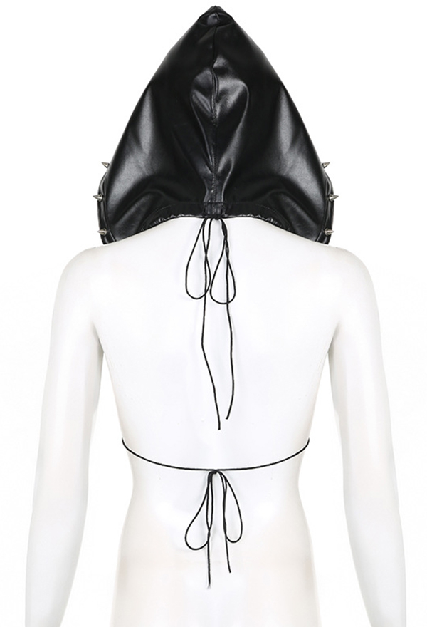 Dark Gothic Triangle Cup Hooded Top Sexy Black Punk Rivet Leather Backless Strappy Bralette