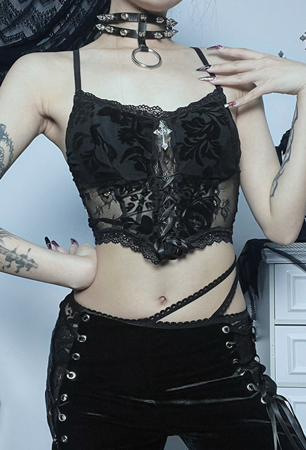 Gothic Dark Lace Short Vest Black Velvet Jacquard Sexy Camisole Top