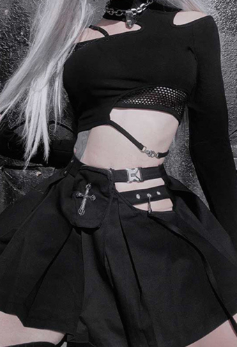 Gothic Style Dark Short Long Sleeve Top Black Cutout Mesh Splice Crop Top