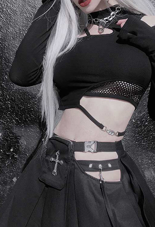 Gothic Style Dark Short Long Sleeve Top Black Cutout Mesh Splice Crop Top