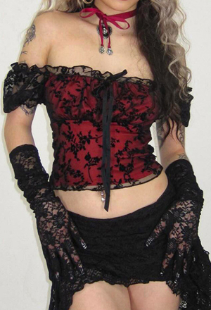 Gothic Dark Style Vest Black Red Off-Shoulder Ribbon Bow Design Lace Top