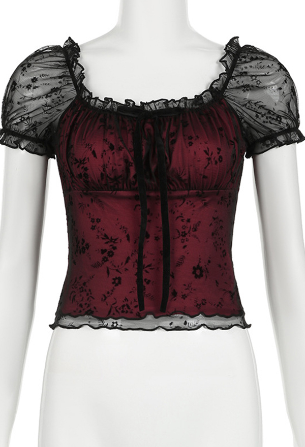 Gothic Dark Style Vest Black Red Off-Shoulder Ribbon Bow Design Lace Top