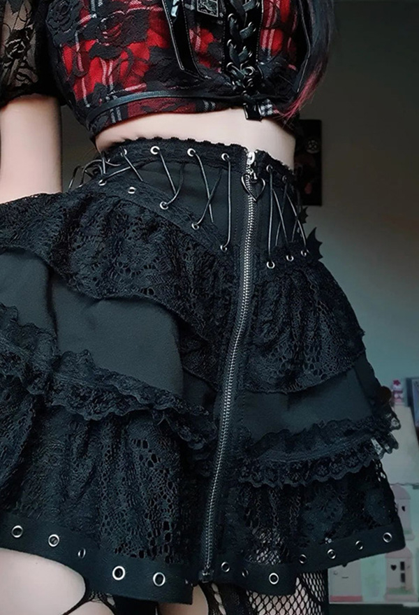 Dark Gothic Style Skirt Black Waist Bandage Lace Spliced A-Line Skirt