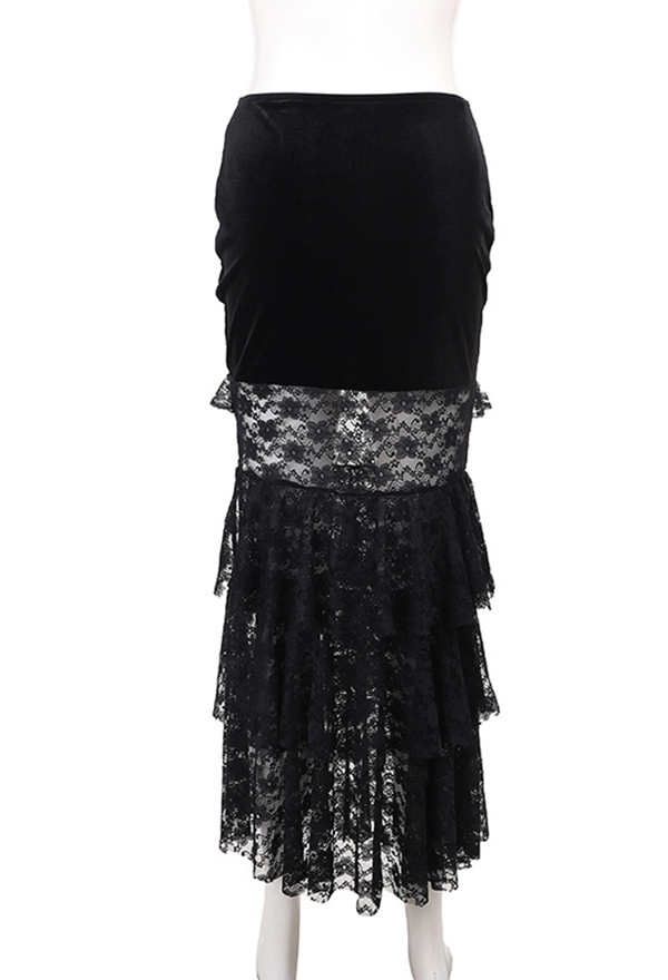 Dark Gothic Style Skirt Pleats Fishtail Multi-Layered Lace Slit Ruffles Skirt
