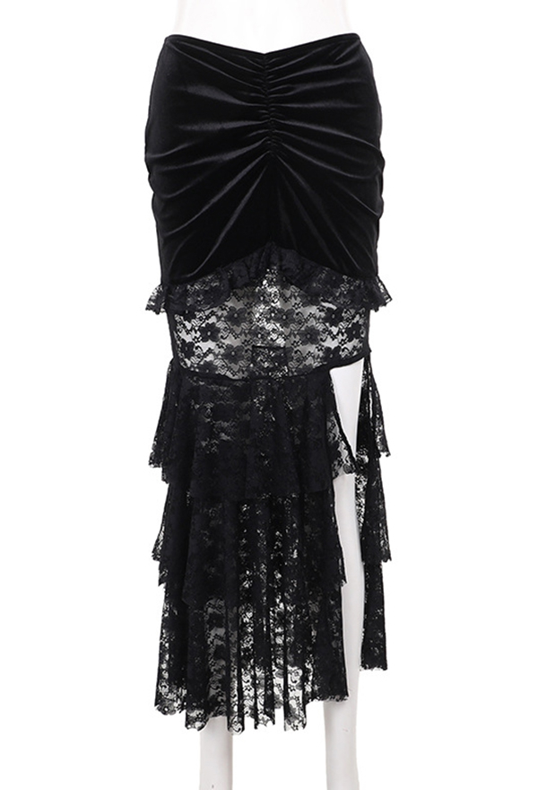 Dark Gothic Style Skirt Pleats Fishtail Multi-Layered Lace Slit Ruffles Skirt