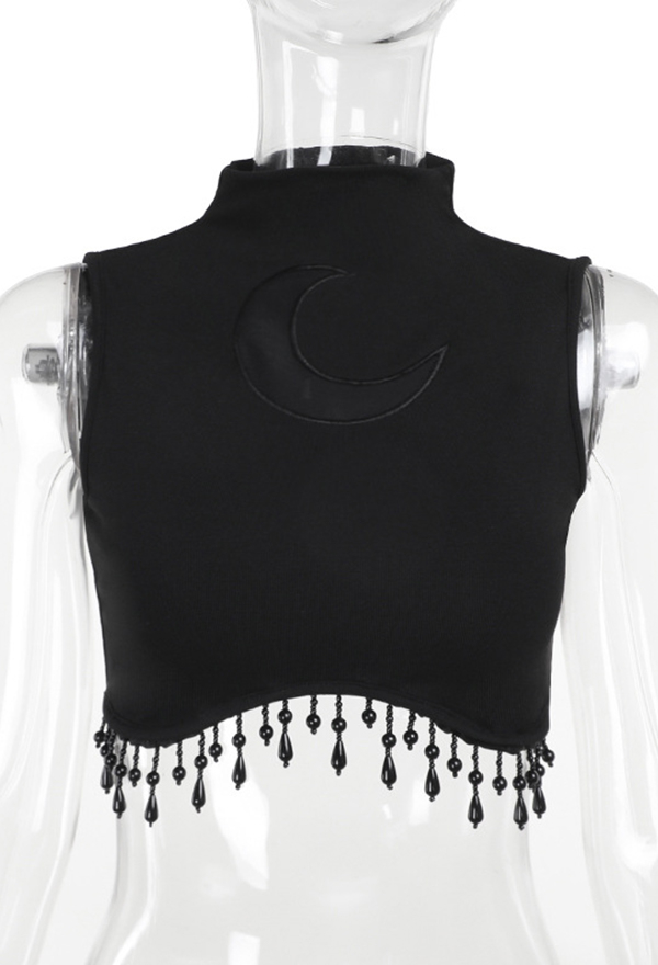 Gothic Style Short Vest Top Black Moon Pearl Tassel High Neck Sleeveless Top