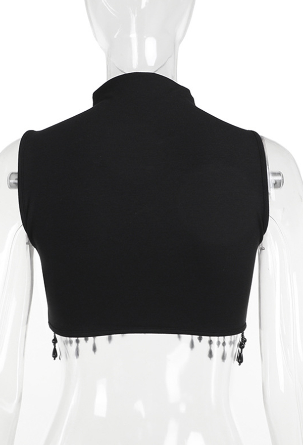 Gothic Style Short Vest Top Black Moon Pearl Tassel High Neck Sleeveless Top