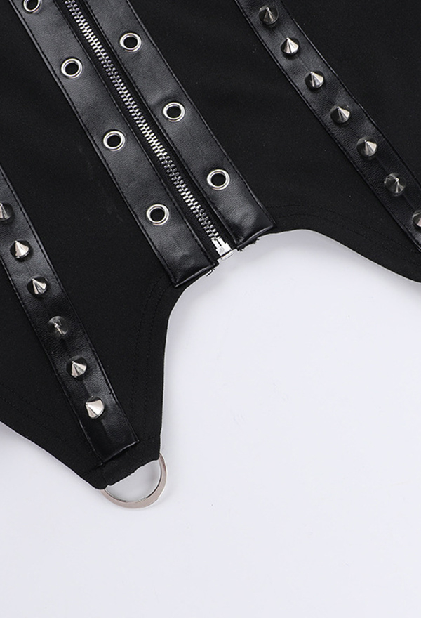Dark Gothic Sleeveless Top Black Zipper Rivet Spliced Low Cut Short Vest