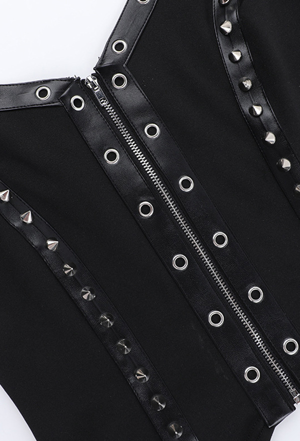 Dark Gothic Sleeveless Top Black Zipper Rivet Spliced Low Cut Short Vest