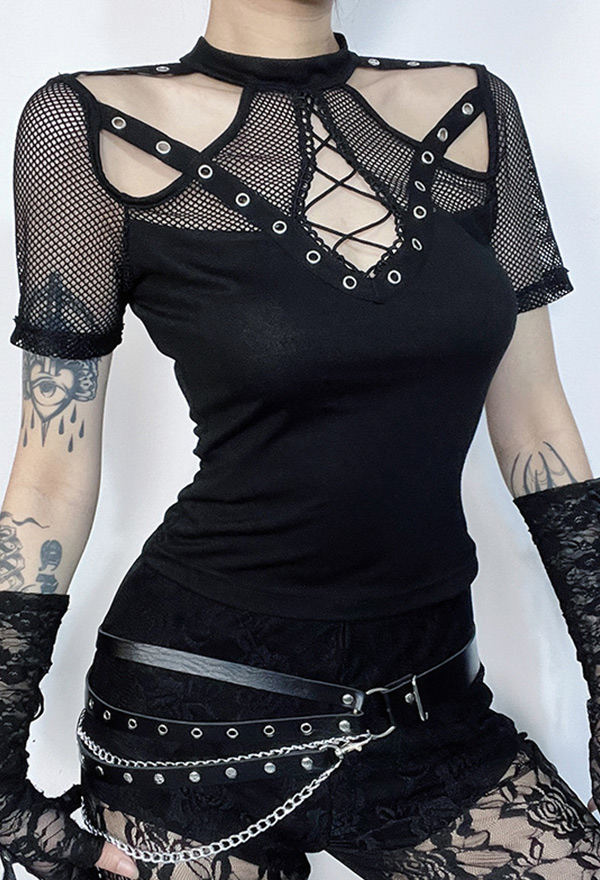 Gothic Black T-shirt Punk Fishnet Hollow Patchwork Short Sleeve Top