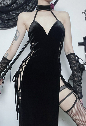 Gothic Style Halter Dress Black Backless V-neck Lace-up Side Slit Dress
