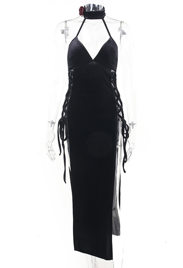 Gothic Style Halter Dress Black Backless V-neck Lace-up Side Slit Dress