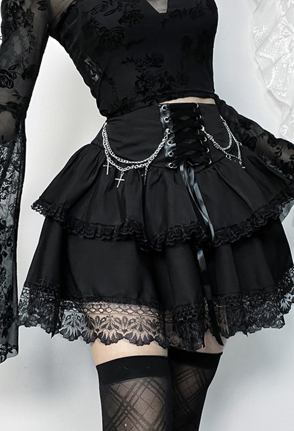 Gothic Style Skirt Black Halloween Party Chain Cross Lace Double Layer Skirt
