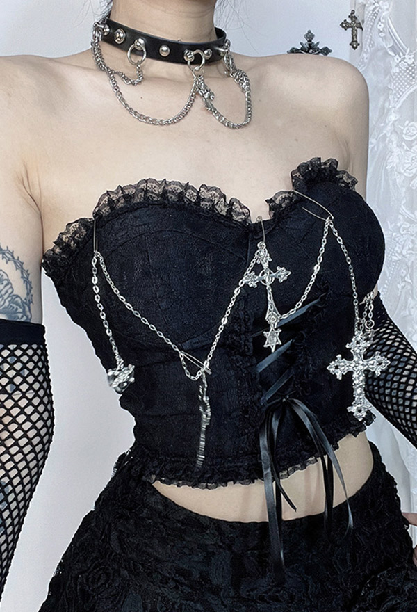 Gothic Style Crop Top Black Cross Chain Lace Decoration Tube Top