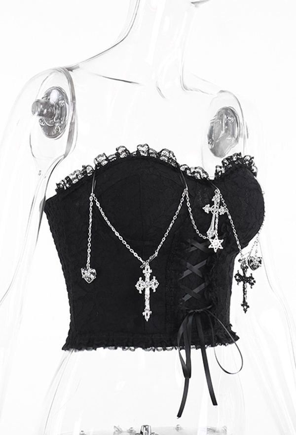 Gothic Style Crop Top Black Cross Chain Lace Decoration Tube Top