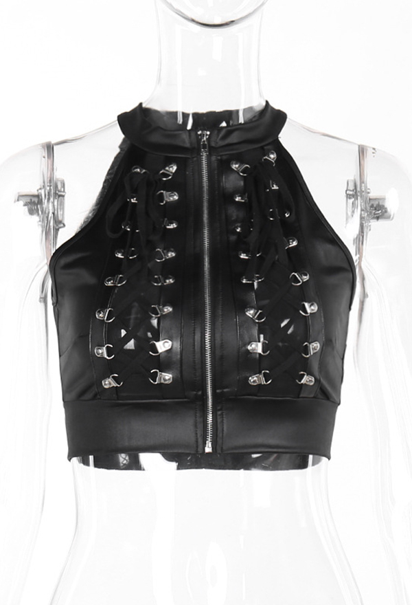 Gothic Style Halter Crop Top Black Semi-Transparent Bandage Patchwork Zipper High Neck Vest