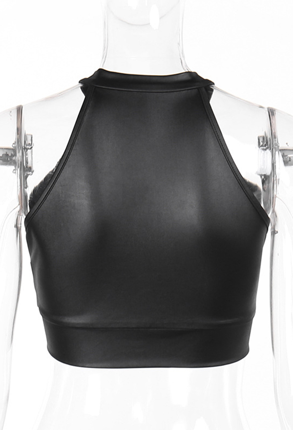 Gothic Style Halter Crop Top Black Semi-Transparent Bandage Patchwork Zipper High Neck Vest