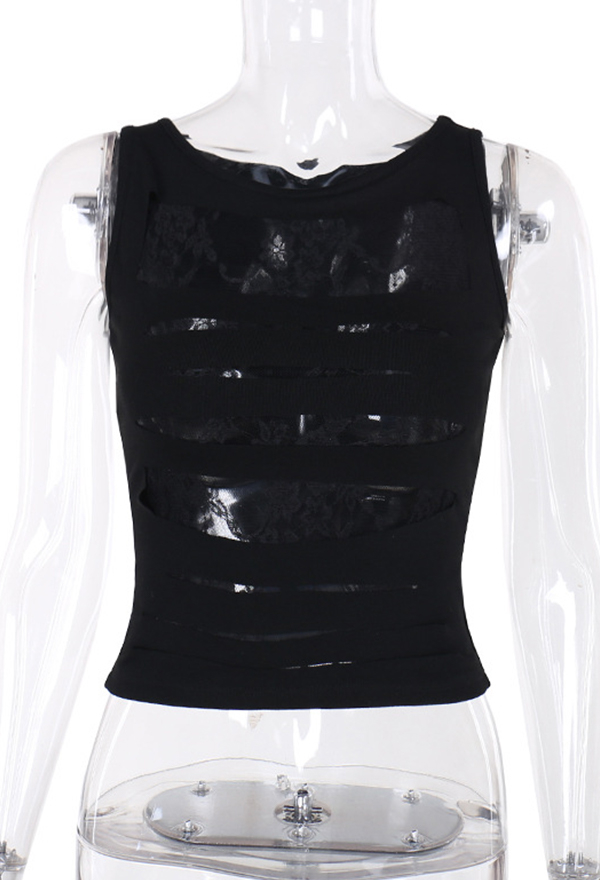 Gothic Style Crop Top Black See-Through Lace Splicing Cutout Vest